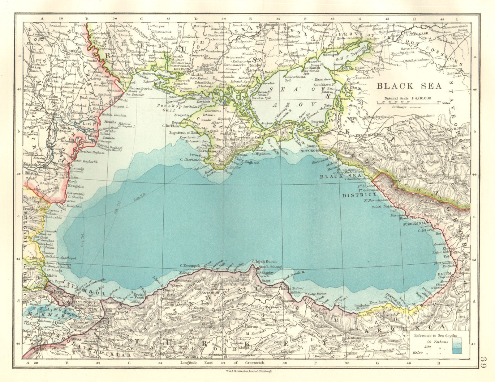 BLACK SEA post WW1 per Treaty of Sevres. Zone of Straits DMZ. JOHNSTON 1920 map